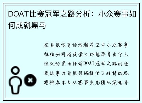 DOAT比赛冠军之路分析：小众赛事如何成就黑马