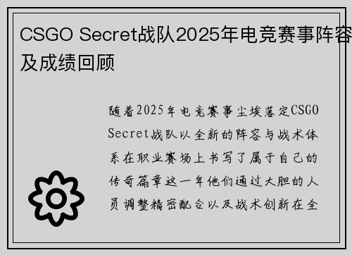 CSGO Secret战队2025年电竞赛事阵容及成绩回顾